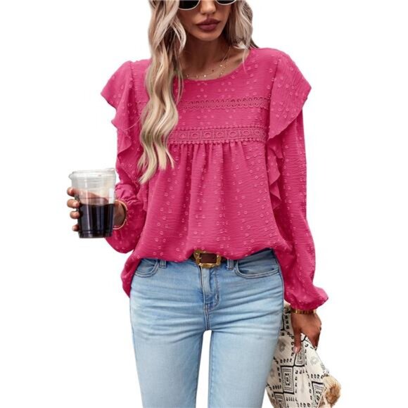 Women's Long Sleeve Blouses Rose Red - Picture 1 of 6